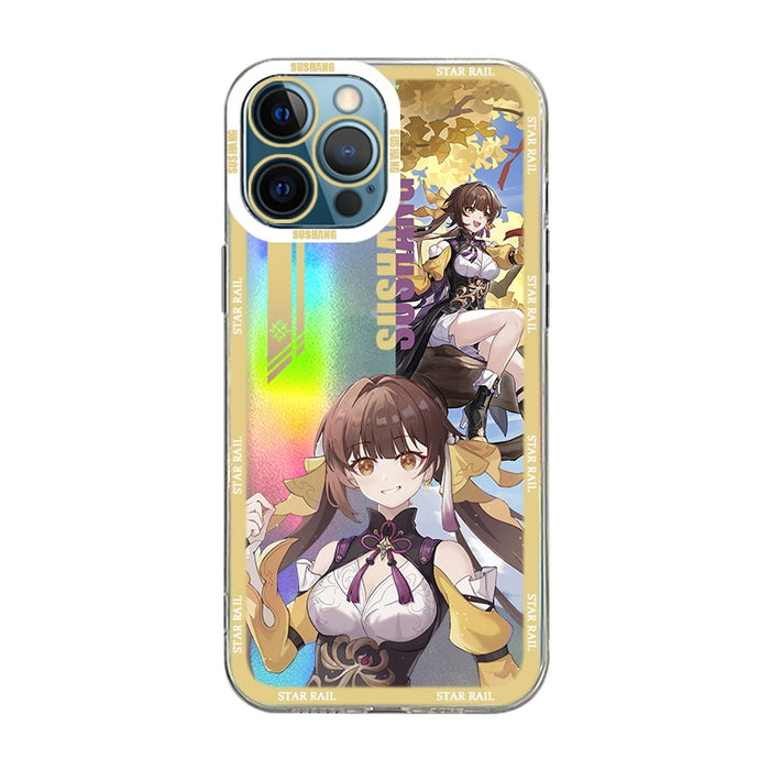 Holographic Honkai Star Rail iPhone Cases: pink, purple anime-style female character, anime, colorful, glossy style