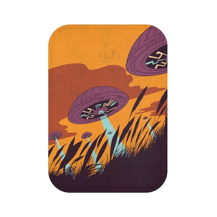Home Accents UFO Bath Mat with Illuminating Light: orange, yellow UFOs flying over a grassy landscape, retro cartoon style