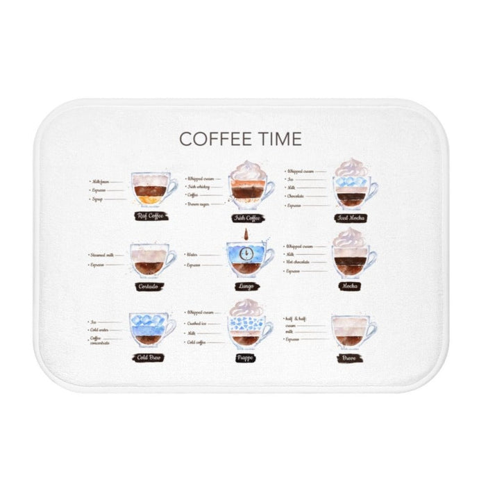 Home Decor Coffee-Themed Bath Mat: white, gray coffee drinks, minimal cartoon infographic style