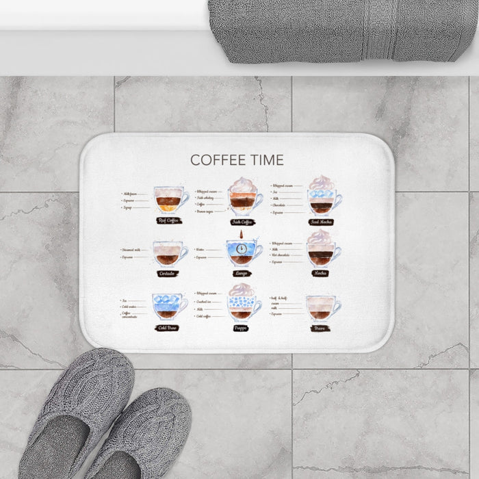 Home Decor Coffee-Themed Bath Mat: white, gray coffee drinks, minimal cartoon infographic style