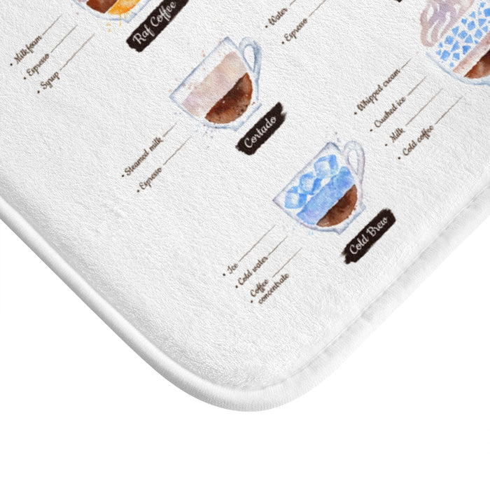 Home Decor Coffee-Themed Bath Mat: white, gray coffee drinks, minimal cartoon infographic style