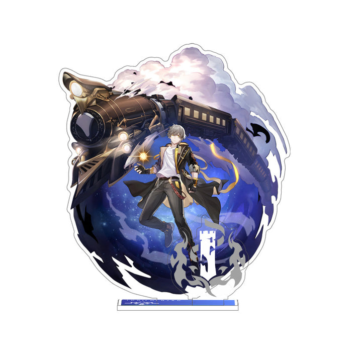 Honkai Star Rail Acrylic Stand: blue, black anime-style male character with a steam locomotive, anime fantasy illustration st
