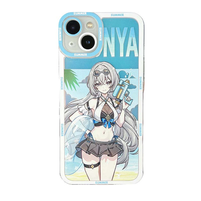 Honkai Star Rail iPhone Cases: white, light blue anime-style blue-haired girl character, kawaii anime cartoon style