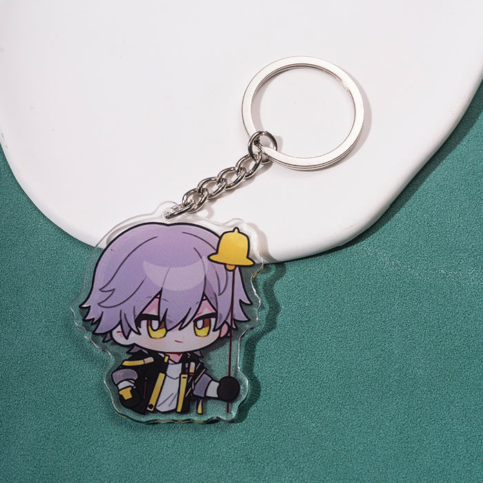 Honkai Star Rail Keychains: Chibi Edition: purple, yellow cartoon character with purple hair holding a yellow bell, kawaii ca