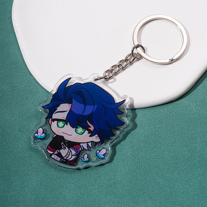 Honkai Star Rail Keychains: Chibi Edition: purple, yellow cartoon character with purple hair holding a yellow bell, kawaii ca