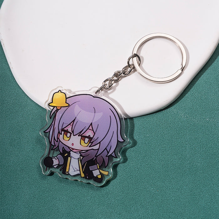 Honkai Star Rail Keychains: Chibi Edition: purple, yellow cartoon character with purple hair holding a yellow bell, kawaii ca