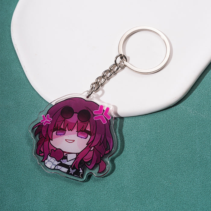 Honkai Star Rail Keychains: Chibi Edition: purple, yellow cartoon character with purple hair holding a yellow bell, kawaii ca