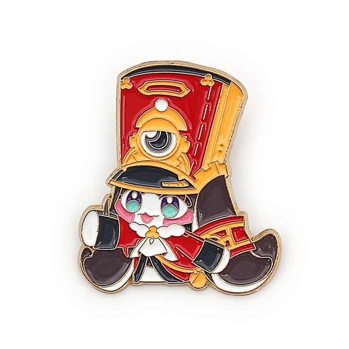 Honkai Star Rail Pom-Pom Badge Pins: red, gold cartoon firefighter character, kawaii cartoon style