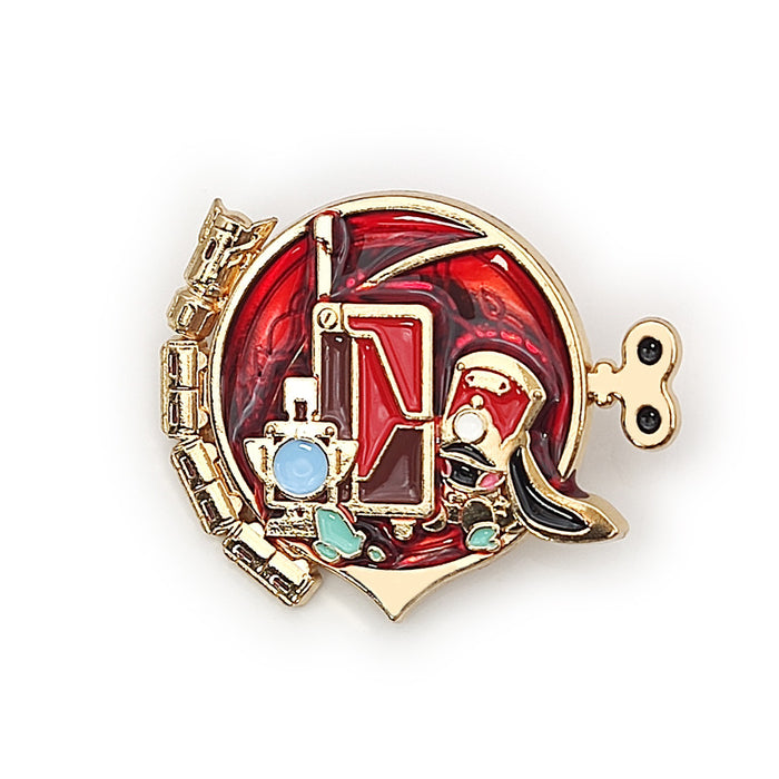 Honkai Star Rail Pom-Pom Badge Pins: red, gold cartoon firefighter character, kawaii cartoon style