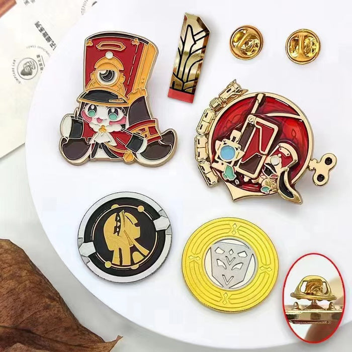 Honkai Star Rail Pom-Pom Badge Pins: red, gold cartoon firefighter character, kawaii cartoon style