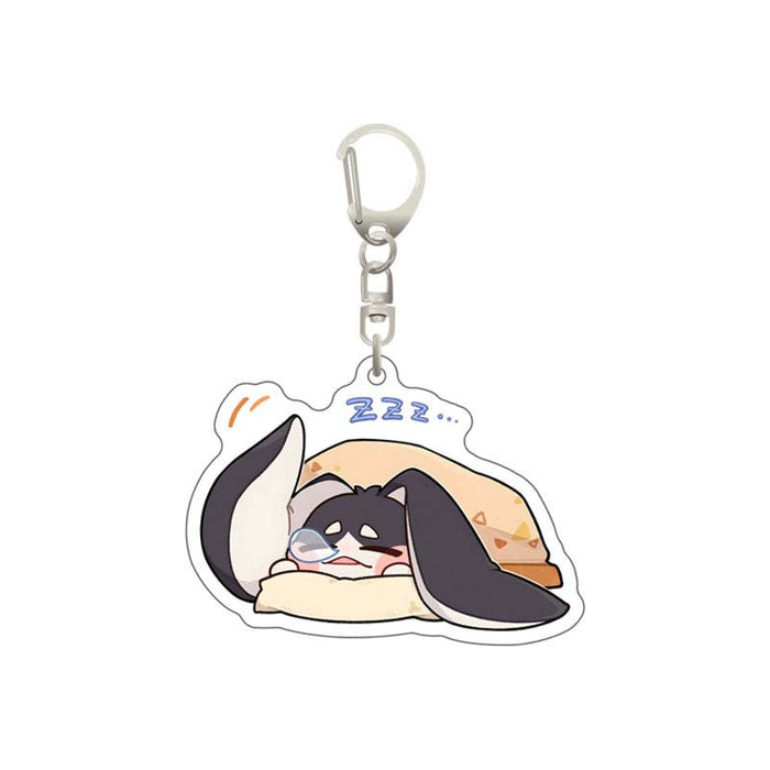 Honkai Star Rail Pom-Pom Keychains: white, black sleeping cartoon cat, kawaii cartoon style