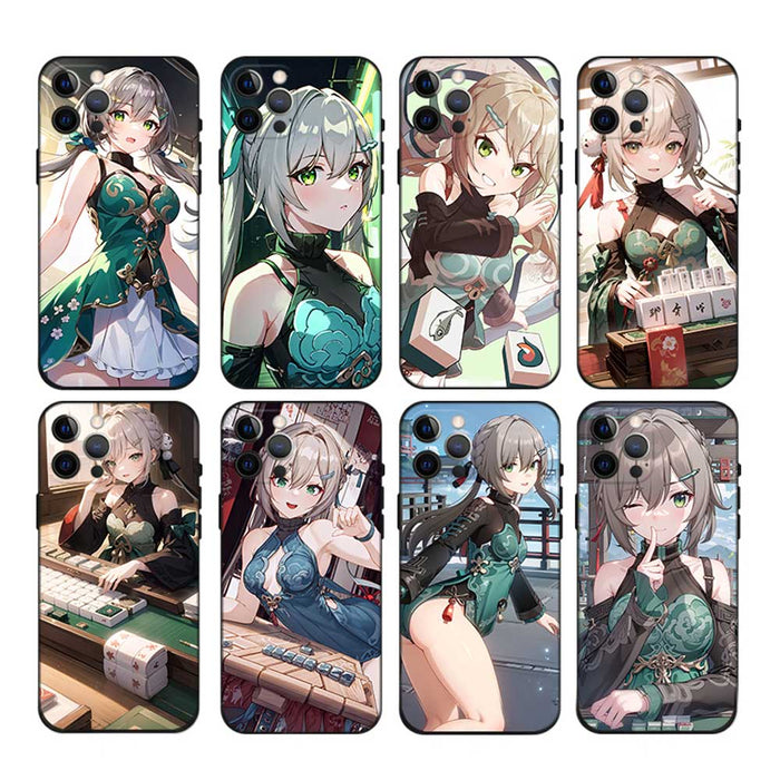 Honkai Star Rail Qingque Phone Cases: green, black anime-style female character, anime, illustrated, decorative style