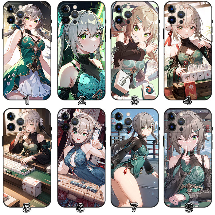Honkai Star Rail Qingque Phone Cases: green, black anime-style female character, anime, illustrated, decorative style