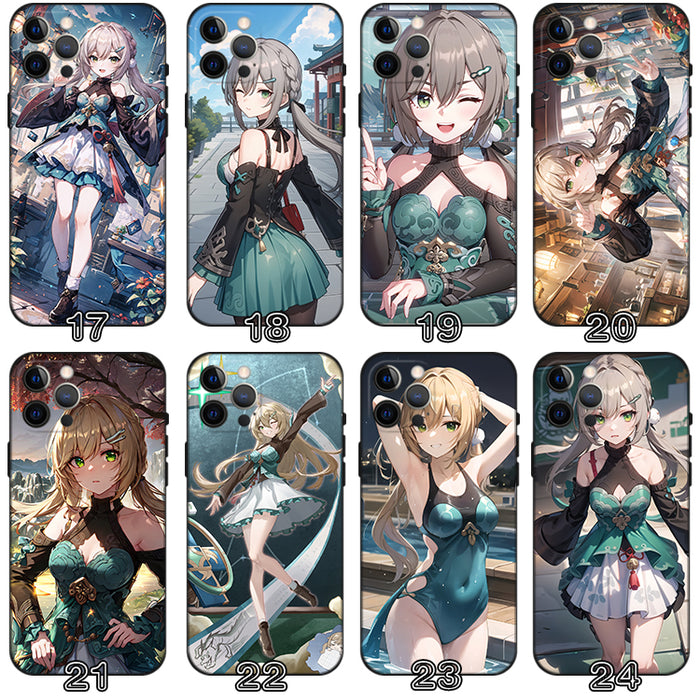 Honkai Star Rail Qingque Phone Cases: green, black anime-style female character, anime, illustrated, decorative style