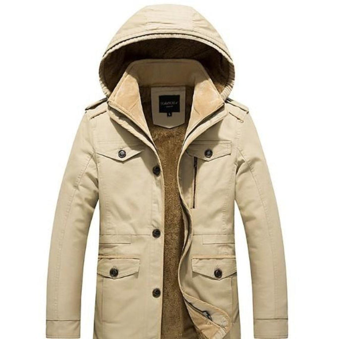 Hooded Coat with Military-Inspired Design for Men: beige, brown hooded winter jacket, outdoor casual style