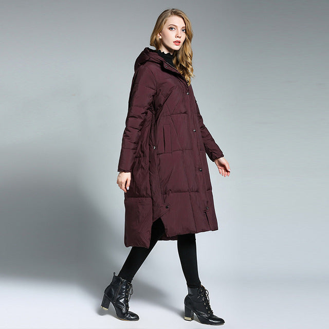 Hooded Winter Puffer Jacket for Women: rust orange, black long padded coat, minimal casual winterwear style