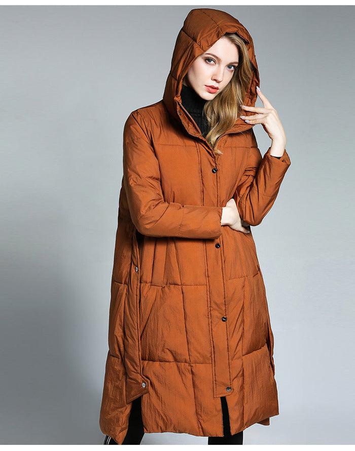 Hooded Winter Puffer Jacket for Women: rust orange, black long padded coat, minimal casual winterwear style
