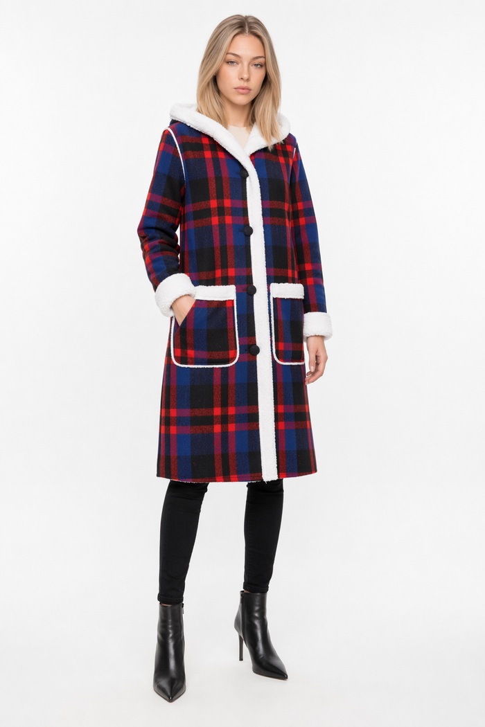 Hooded Women's Check Print Jacket Blue
