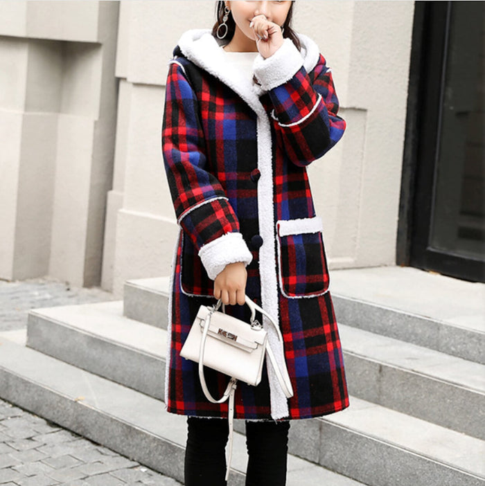 Hooded Women's Check Print Jacket: red, navy blue hooded long coat, casual winter plaid style