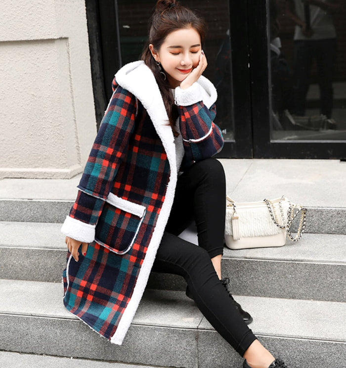 Hooded Women's Check Print Jacket: red, navy blue hooded long coat, casual winter plaid style