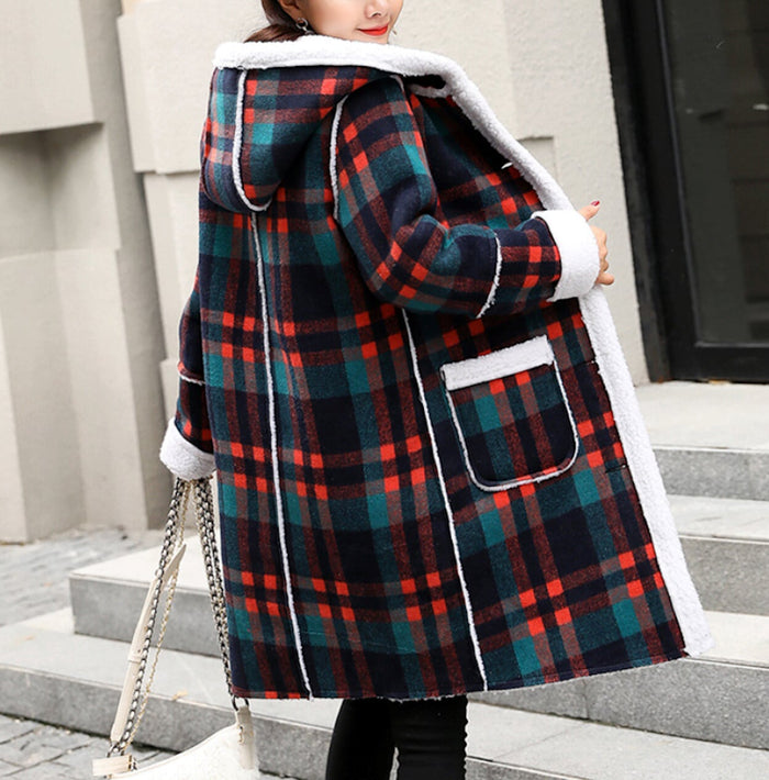 Hooded Women's Check Print Jacket: red, navy blue hooded long coat, casual winter plaid style