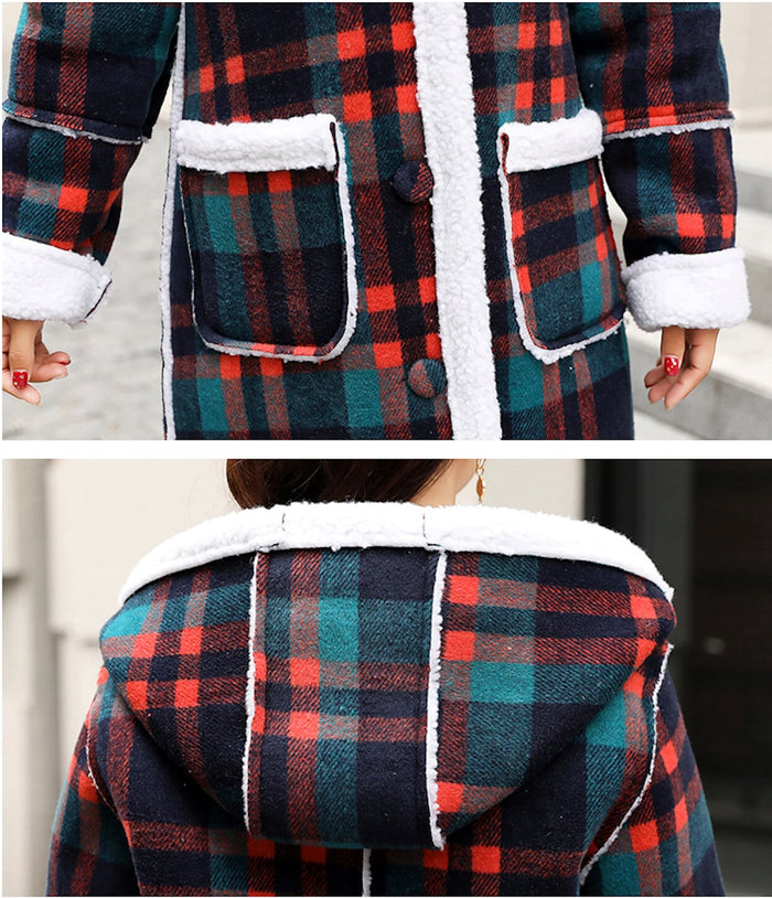 Hooded Women's Check Print Jacket: red, navy blue hooded long coat, casual winter plaid style