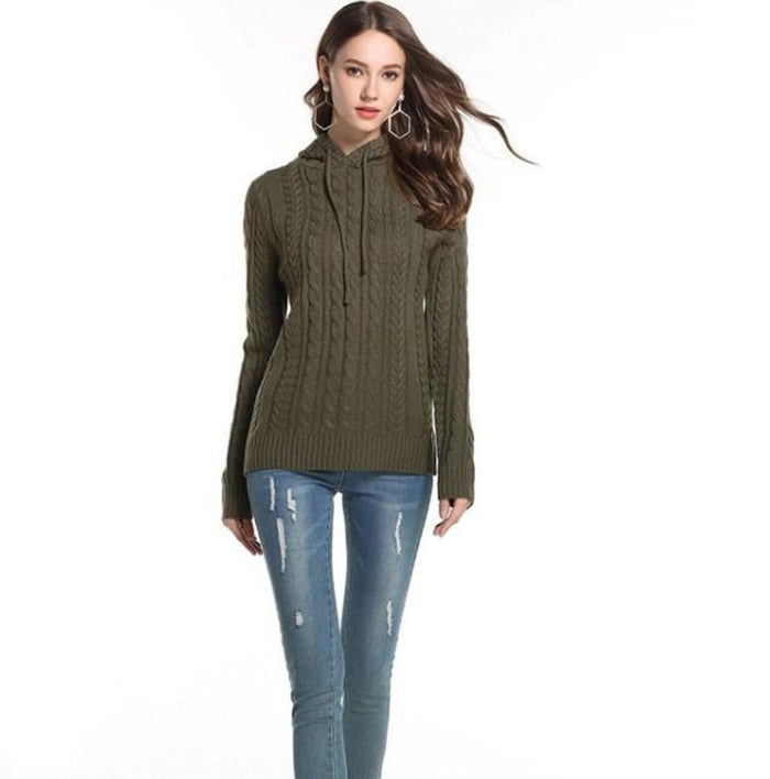 Hooded Women's Pullover Sweater: olive green hooded knit sweater, casual style