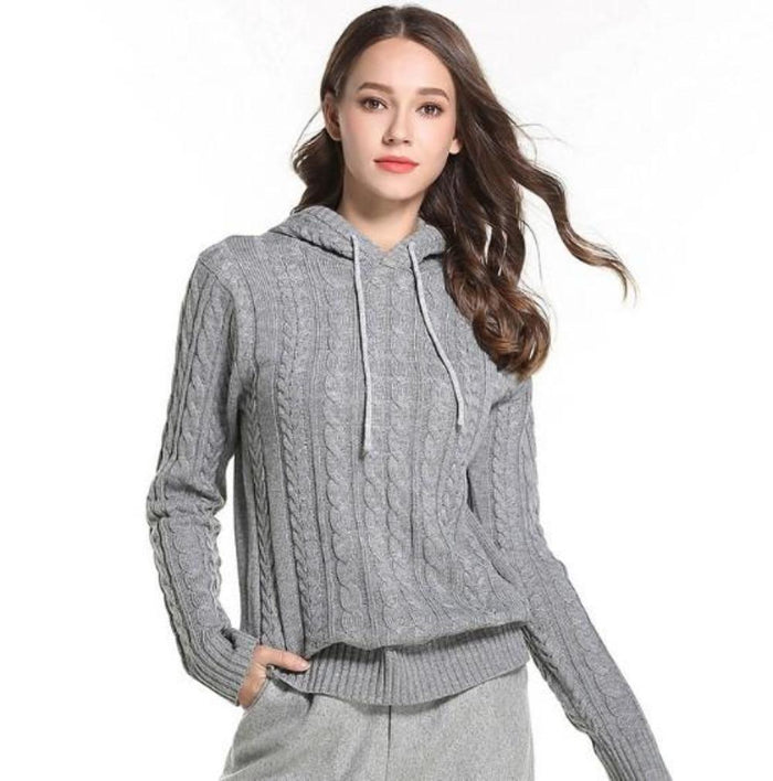 Hooded Women's Pullover Sweater: olive green hooded knit sweater, casual style