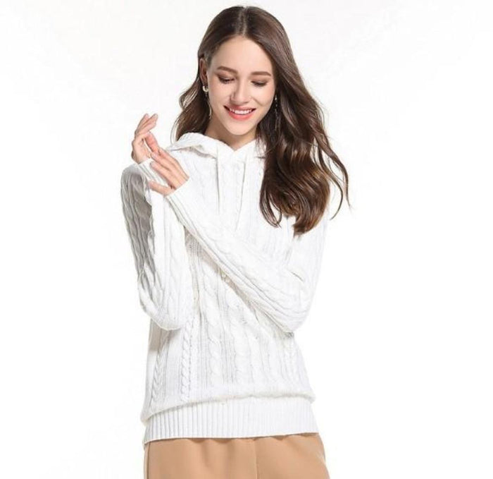 Hooded Women's Pullover Sweater: olive green hooded knit sweater, casual style