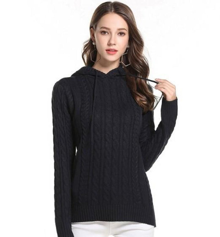 Hooded Women's Pullover Sweater: olive green hooded knit sweater, casual style