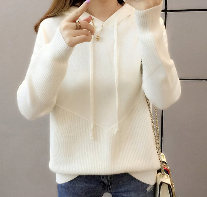 Hooded Women's Pullover Sweater: cream, off-white hooded sweater, minimal casual style