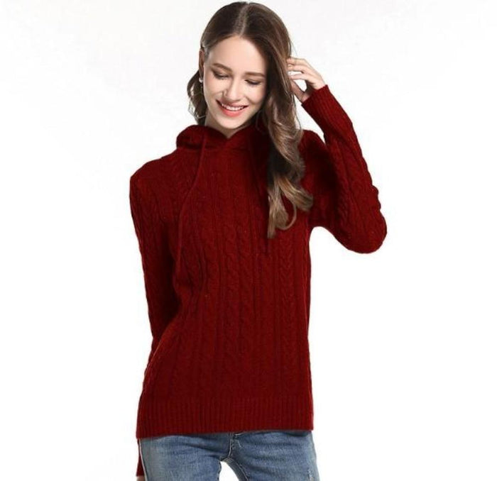 Hooded Women's Pullover Sweater: olive green hooded knit sweater, casual style