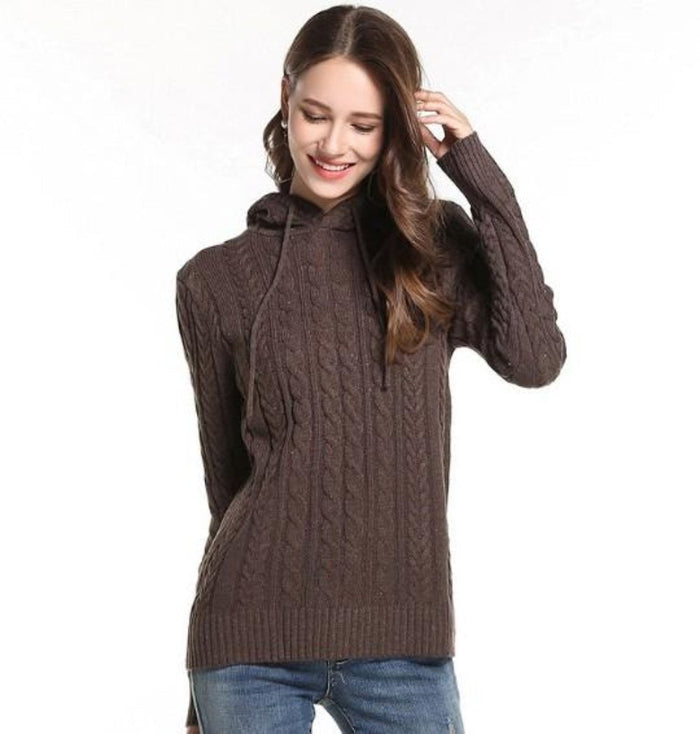 Hooded Women's Pullover Sweater: olive green hooded knit sweater, casual style