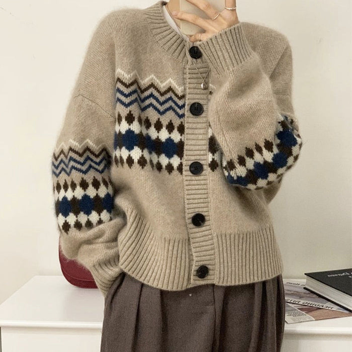 Horizontal Patterned Button-Front Women's Cardigan: beige, cream cardigan sweater, vintage-inspired knit style