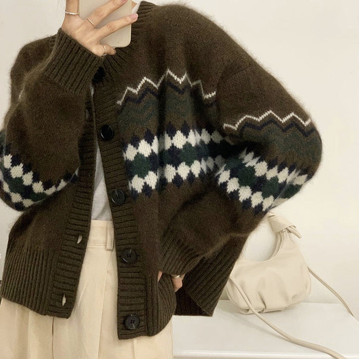 Horizontal Patterned Button-Front Women's Cardigan: beige, cream cardigan sweater, vintage-inspired knit style
