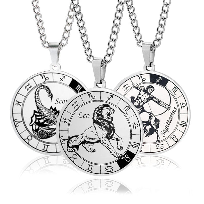 Horoscope Pendant Necklace, Unisex Round Design: silver, black zodiac signs (Scorpio, Leo, Sagittarius), graphic zodiac-theme