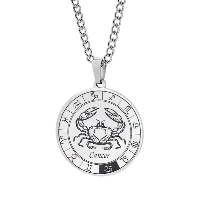 Horoscope Pendant Necklace, Unisex Round Design: silver, black zodiac signs (Scorpio, Leo, Sagittarius), graphic zodiac-theme
