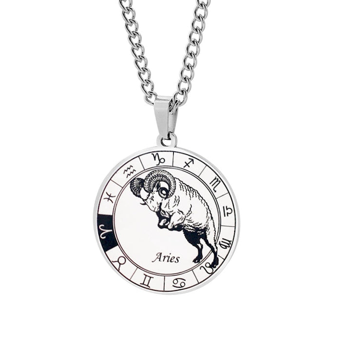 Horoscope Pendant Necklace, Unisex Round Design: silver, black zodiac signs (Scorpio, Leo, Sagittarius), graphic zodiac-theme