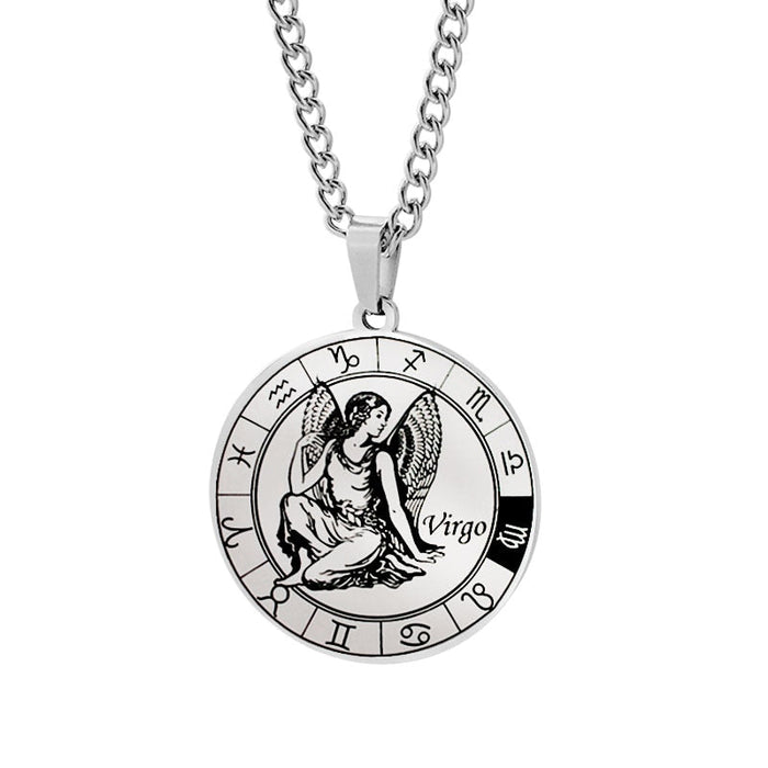 Horoscope Pendant Necklace, Unisex Round Design: silver, black zodiac signs (Scorpio, Leo, Sagittarius), graphic zodiac-theme