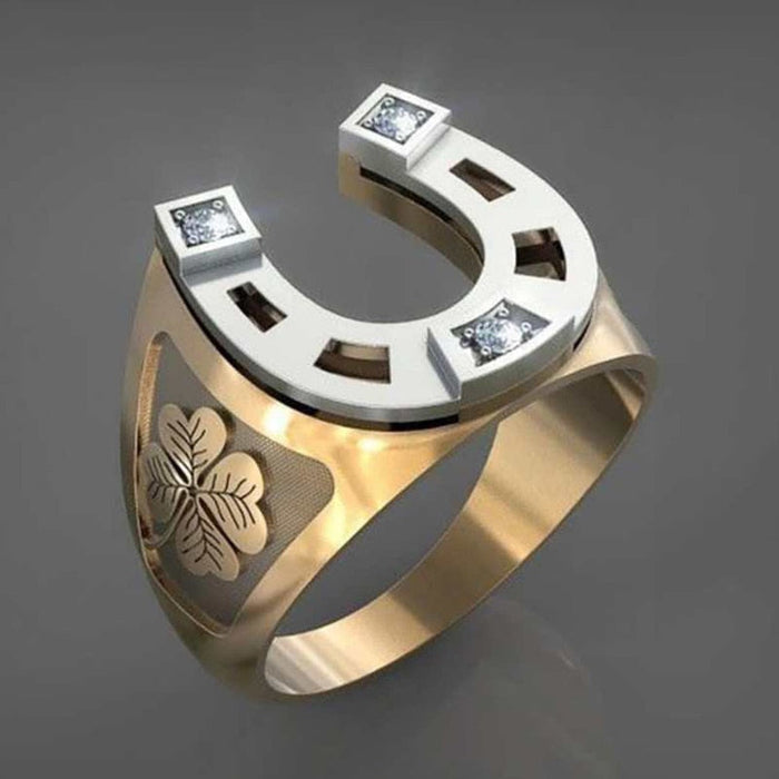 Horseshoe Men's Ring: gold, silver horseshoe and four-leaf clover, decorative style