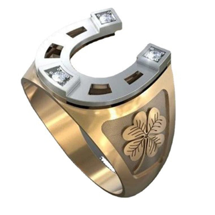 Horseshoe Men's Ring: gold, silver horseshoe and four-leaf clover, decorative style