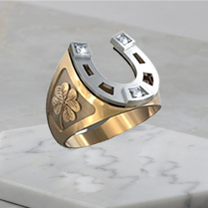 Horseshoe Men's Ring: gold, silver horseshoe and four-leaf clover, decorative style