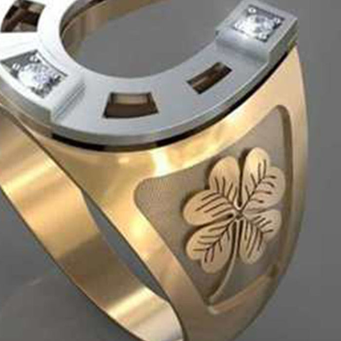 Horseshoe Men's Ring: gold, silver horseshoe and four-leaf clover, decorative style