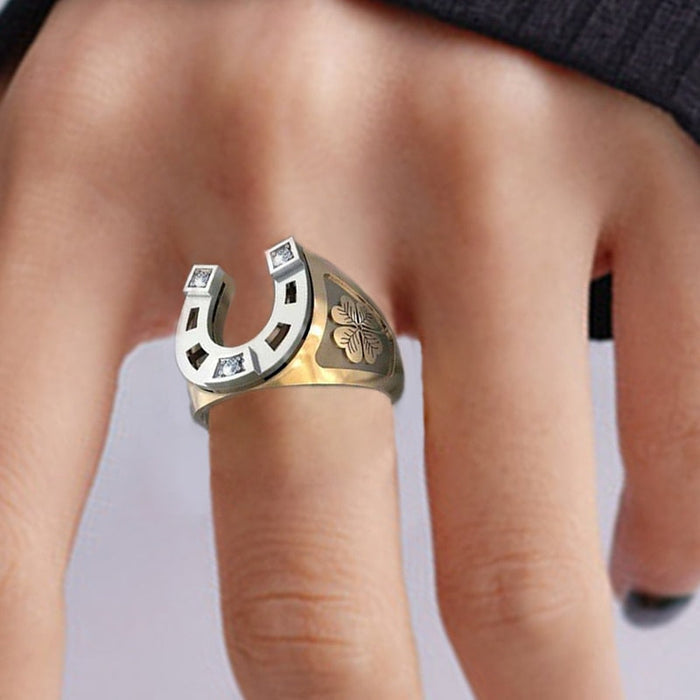 Horseshoe Men's Ring: gold, silver horseshoe and four-leaf clover, decorative style