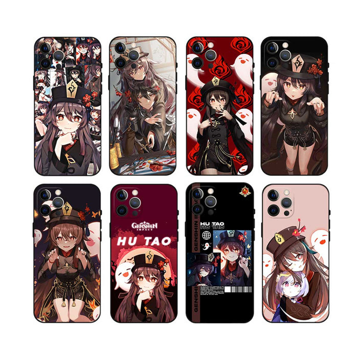 Hu Tao TPU Phone Case with Camera Protection: black, red anime-style female character with ghost motifs, anime, cartoon, deco