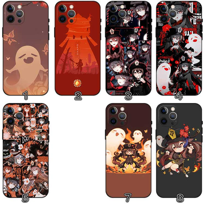 Hu Tao TPU Phone Case with Camera Protection: black, red anime-style female character with ghost motifs, anime, cartoon, deco