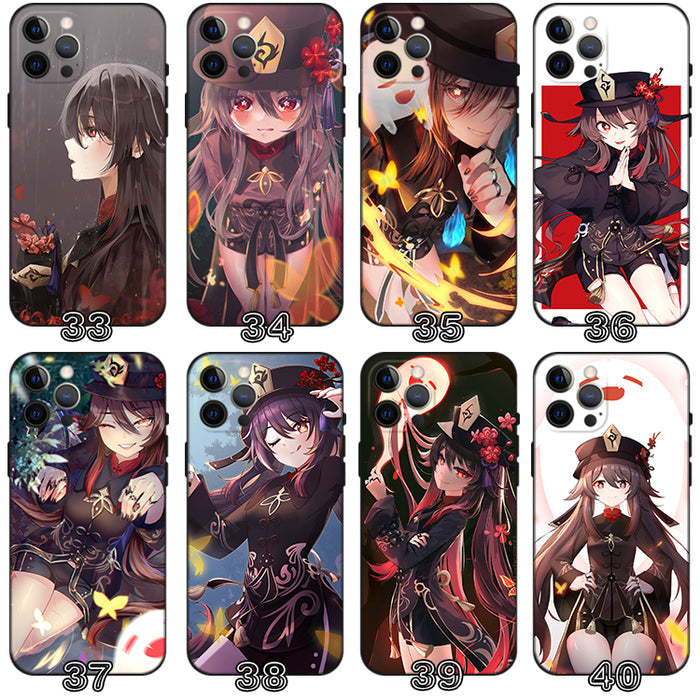 Hu Tao TPU Phone Case with Camera Protection: black, red anime-style female character with ghost motifs, anime, cartoon, deco