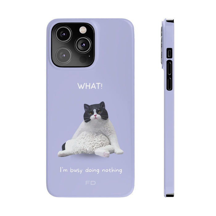 Humorous Feline Design Lavender Sleek Case for iPhone 14, 14 PRO, and 14 PRO MAX: lavender, black black-and-white cat, cartoo