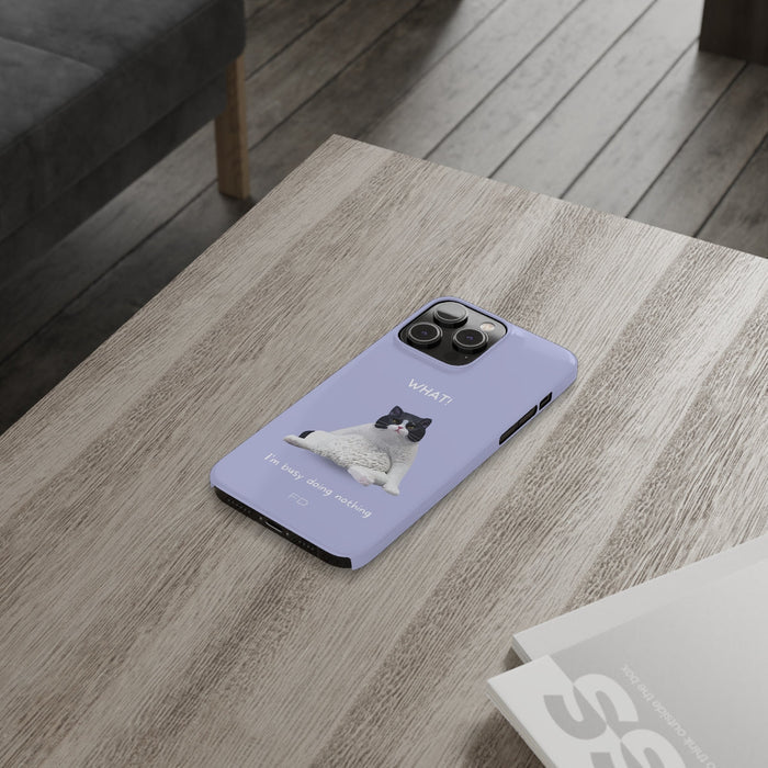 Humorous Feline Design Lavender Sleek Case for iPhone 14, 14 PRO, and 14 PRO MAX: lavender, black black-and-white cat, cartoo