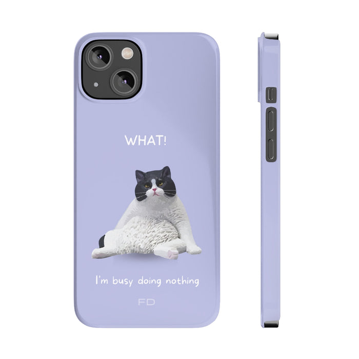Humorous Feline Design Lavender Sleek Case for iPhone 14, 14 PRO, and 14 PRO MAX: lavender, black black-and-white cat, cartoo